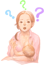 아이를 안고 젖을 먹이며 궁금해 하는 표정을 짓는 수유맘