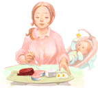 고기, 생선, 두부, 달걀을 먹고 있는 수유맘