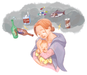 술, 담배, 커피, 약물, 수은의 위험이 있는 생선으로부터 아기를 보호하고 있는 수유맘과 우는 아기