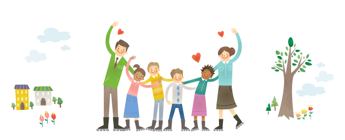 <그림> 스케이트를 타고 어깨동무를 하고있는 다인종 사람들