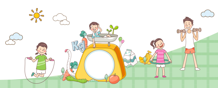 <그림> 줄넘기 하는 여자 아이, 체중계 위에서 쉬고 있는 남자 아이, 훌라후프하는 여자아이, 아령 들고 있는 남성.