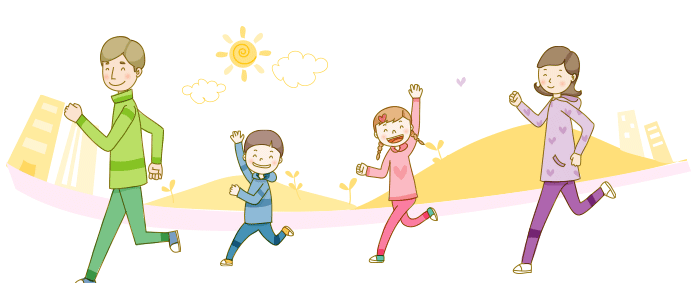 <그림> 조깅하고 있는 어린이 가족 - 아빠, 남자 아이, 여자 아이, 엄마