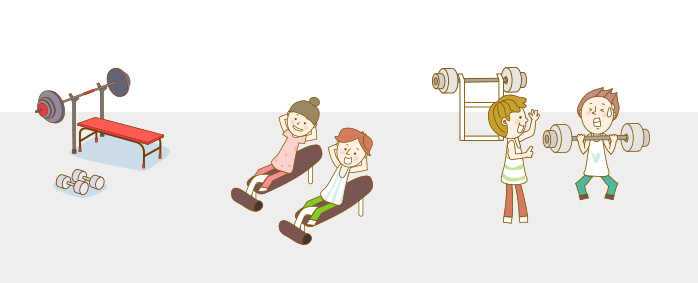 <그림> 역기기구, 윗몸일으키기하는 남녀, 역도를 힘들게 들고 있는 남성과 응원하는 남성