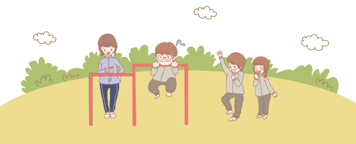 <그림> 철봉 매달리기를 하고 있는 학생과 그 옆에서 응원하는 친구들, 시간을 재고 있는 선생님.