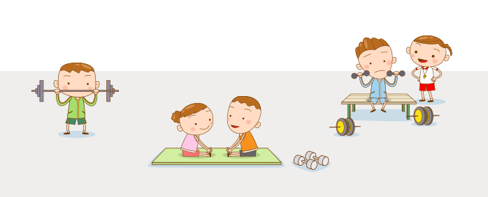 <그림> 역도를 들고 있는 남성, 스트레칭하고 있는 남녀, 아령을 들고 있는 남성과 여성 트레이너