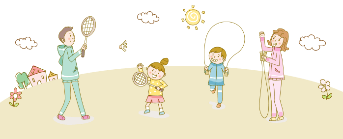 <그림> 배드민턴과 줄넘기를 하고 있는 가족