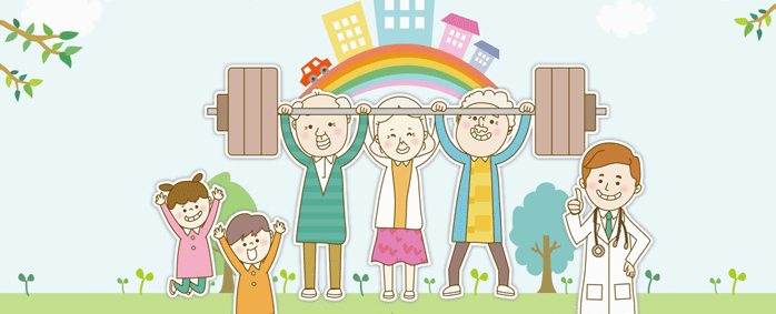 <그림> 역도를 들고 있는 노인들과 그 옆에서 응원하는 아이들, 의사