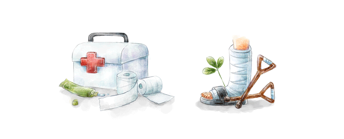 <그림> 구급약통과 깁스를 한 다리