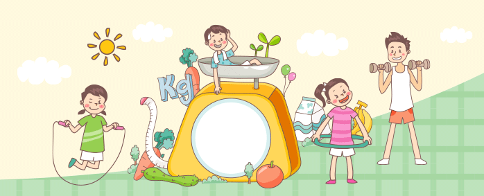 <그림> 줄넘기 하는 여자 아이, 체중계 위에서 쉬고 있는 남자아이, 훌라후프하고 있는 여자 아이, 아령을 들고 있는 남성.