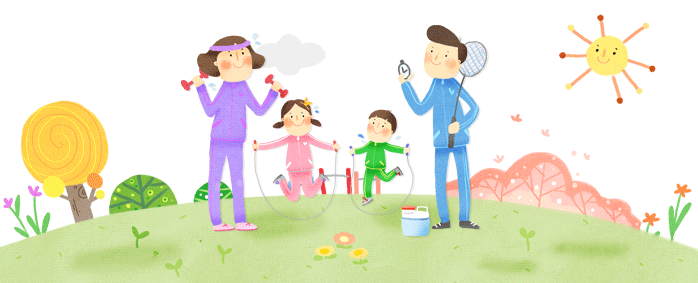 <그림> 한 가족이 아령, 배드민턴, 줄넘기를 하고있다.