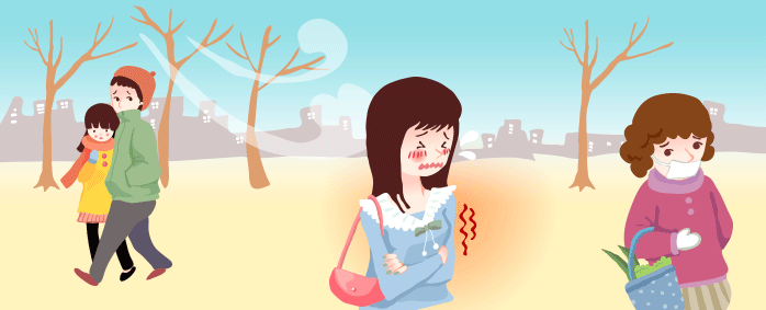 <그림> 따뜻하게 입은 남녀커플, 추위에 덜덜 떨고 있는 여성, 따뜻하게 입고서 장을 본 중년여성.