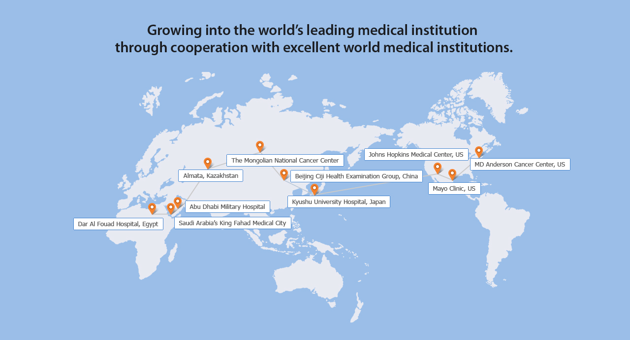Growing into the world’s leading medical institution through cooperation with excellent world medical institutions.