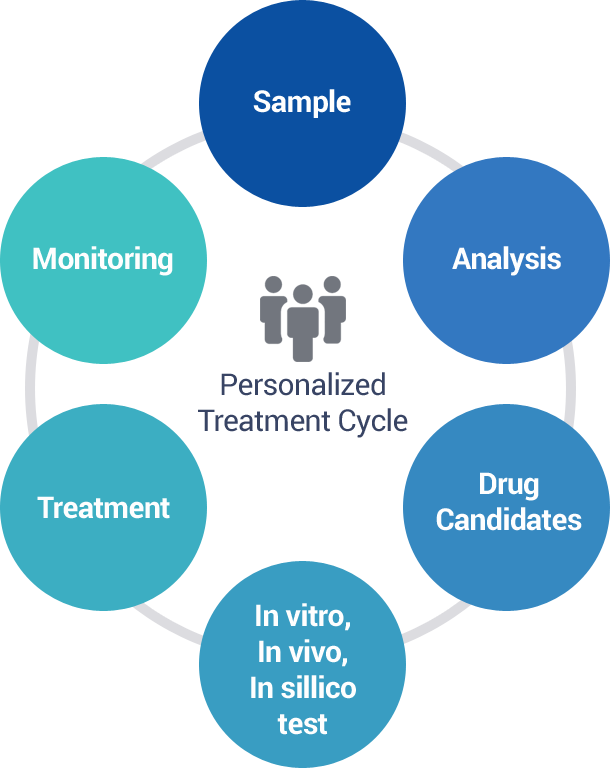 Personalized Treatment Cycle. Sample → Analysis Drug Candidates → In vitro, In vivo, In sillico test → Treatment → Monitoring